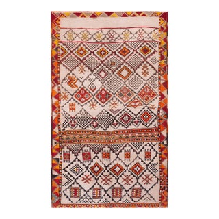 1930s Ivory Geometric Tribal Antique African Moroccan Rug 6'4" X 11'0" Handknotted Wool Carpet For Sale