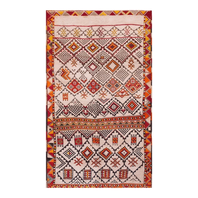 1930s Ivory Geometric Tribal Antique African Moroccan Rug 6'4" X 11'0" Handknotted Wool Carpet For Sale