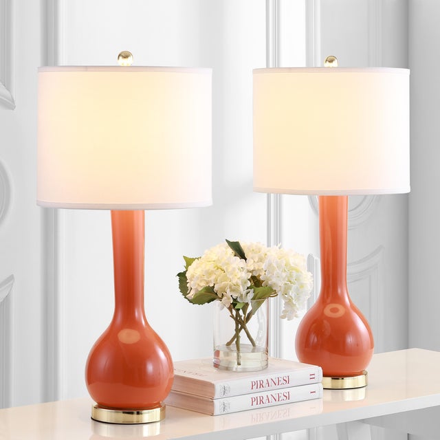Textile 30.5 Inch H Long Neck Ceramic Table Lamp in Blood Orange - a Pair For Sale - Image 7 of 8