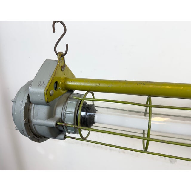 Green Soviet Industrial Grey Hanging Tube Light, 1970s For Sale - Image 8 of 18
