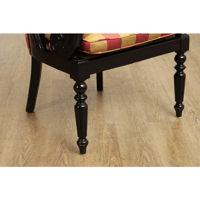 Wood Late 20th Century Empire Style Custom Upholstered Black Lacquer Armchairs - A Pair For Sale - Image 7 of 13