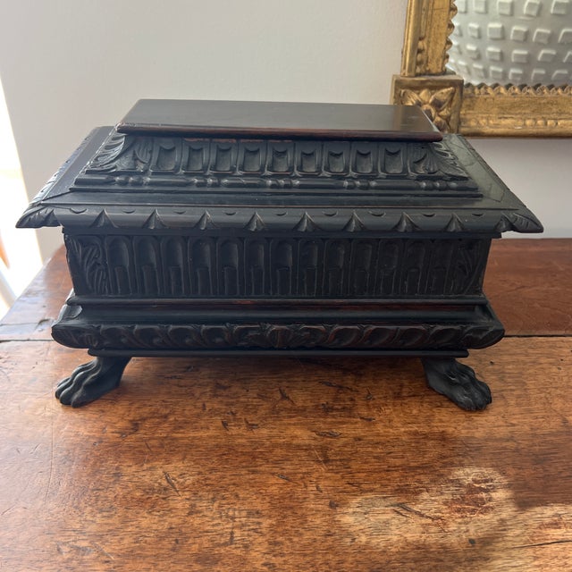 Antique Carved Wood Footed Casket Box
