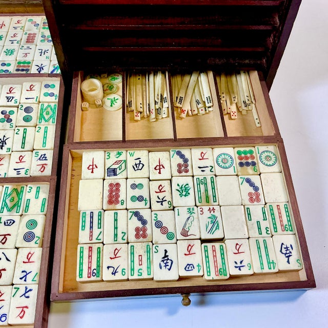 Late 19th C. Antique Chinese Boho Chic Chinoiserie Mahjong Game Set, Walnut & Brass Box For Sale - Image 6 of 18