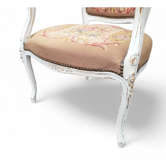 French Louis XV Style Armchair with Hand-Embroidered Floral Needlepoint, 1920s For Sale - Image 11 of 18