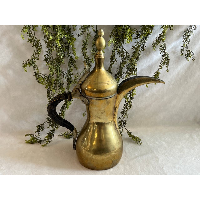 Metal Large Antique Hand Crafted Arabian Dallah Coffee Urn 16" Middle Eastern Brass Plated Coffee Pot Hinged Lid Hand Woven Leather Handle Worn For Sale - Image 7 of 15