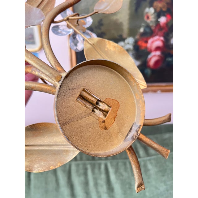 Gold 1950s Pair of Gilt Tole Candle Sconces With Glass Flowers For Sale - Image 8 of 8