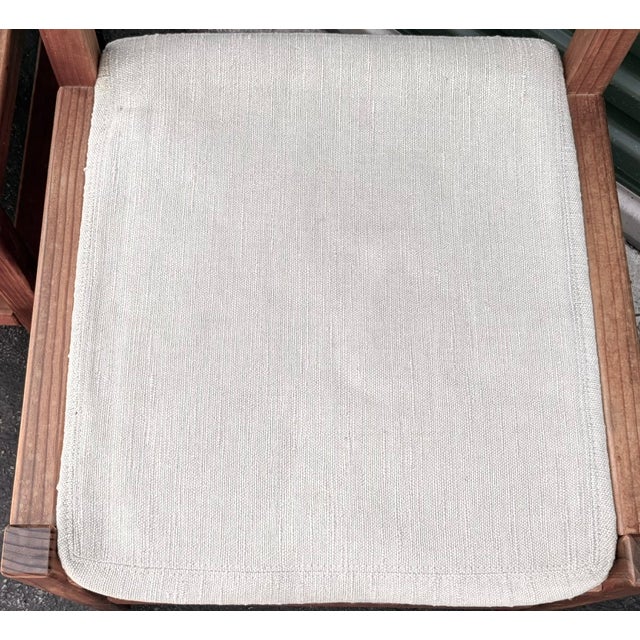 Mid Century Angular Scandinavian D Scan Style Wood Dining Chairs With Thick Linen Upholstery For Sale - Image 9 of 12
