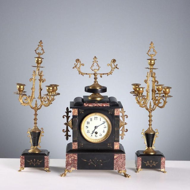 Marble & Gilt Clock with Candleholders, Set of 3 For Sale - Image 14 of 14