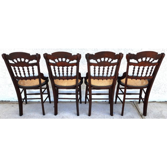 Wood Antique Eastlake Victorian Style Walnut Cane Seat Side Dining Chairs Set of 4 For Sale - Image 7 of 13