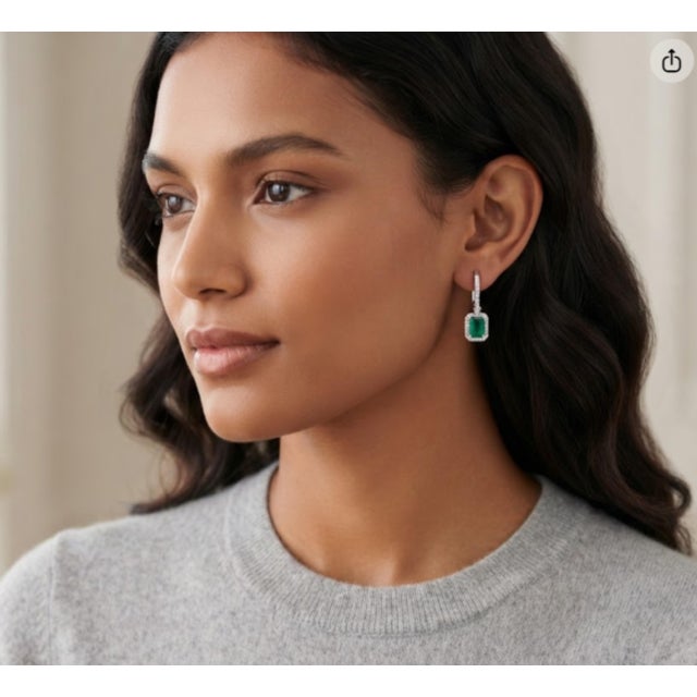 Emerald Natural 1.90cts Emerald & 0.72cts Diamond Earring in 14k White Gold For Sale - Image 8 of 8