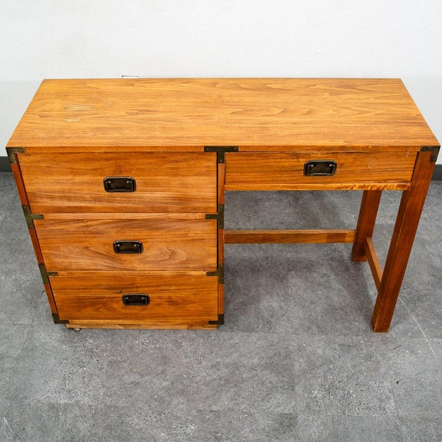 Mid Century Modern Desk Office Campaign Wood Brass Trim 4 Drawer Vintage MCM For Sale - Image 9 of 12