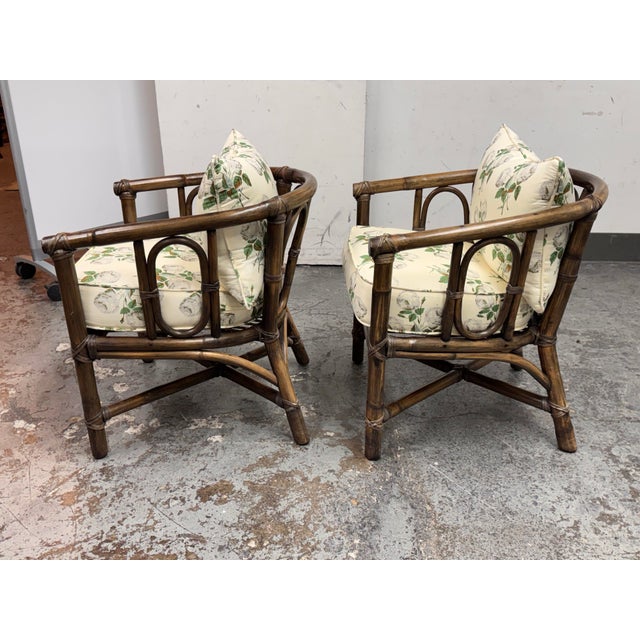 McGuire McGuire Furniture Barrel Back Bamboo Armchairs, Pair Vintage For Sale - Image 4 of 12