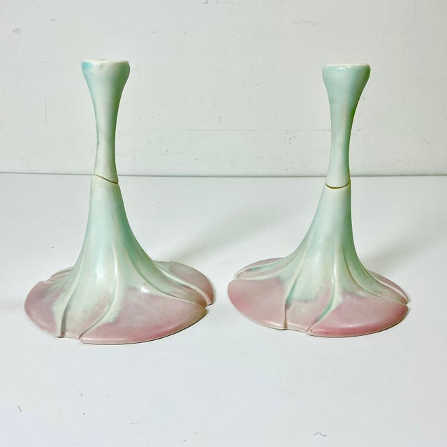 1980s Vintage Art Nouveau Botanical Coastal Porcelain Candle Holders - A Pair, Artist Signed For Sale - Image 12 of 15