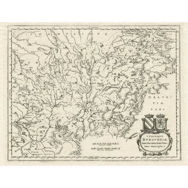 Antique map titled ' of both the Duchy and the County of Burgundy'. Old map of the Burgundy (Bourgogne) region of France....