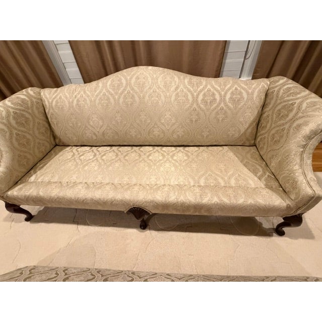 Vintage Chippendale Camelback Sofa in Cream Damask With Ball & Claw Feet For Sale - Image 4 of 4