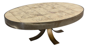 French Oval Coffee Table in Ceramic and Steel from Vallauris, 1960