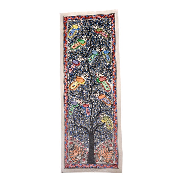 The Tree of Life: A Celebration of Birds and Nature — Hand-Painted Madhubani Painting by National Award-Winning Artist Mamta Devi For Sale