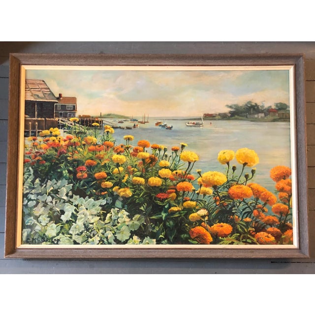 Orange Original Vintage 1970’s Beach/Boats/Marigold Landscape Painting For Sale - Image 8 of 8