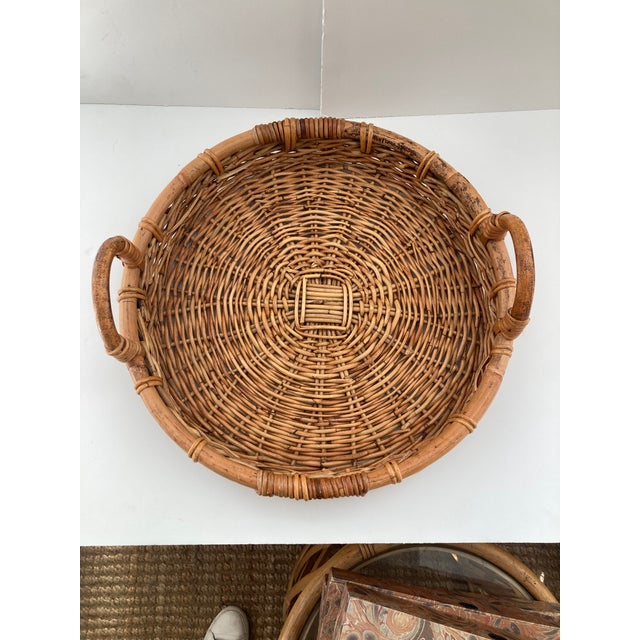 Round Wicker Tray With Bamboo Handles For Sale In Los Angeles - Image 6 of 9