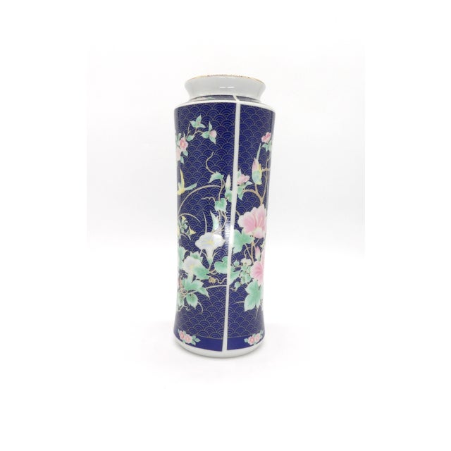 Mid 20th Century Vintage 11" Japanese Porcelain Vase — Cobalt Blue Seigaiha Wave Ground, Famille Rose Peonies & Birds, Gold Accents For Sale - Image 5 of 9
