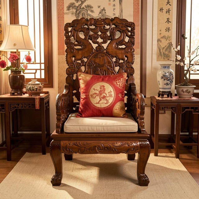 Chinoiserie Late 19th Century Antique Chinoiserie Hand-Carved Rosewood Dragon Throne Chair With Owl Feet, Circa 1900 For Sale - Image 3 of 3