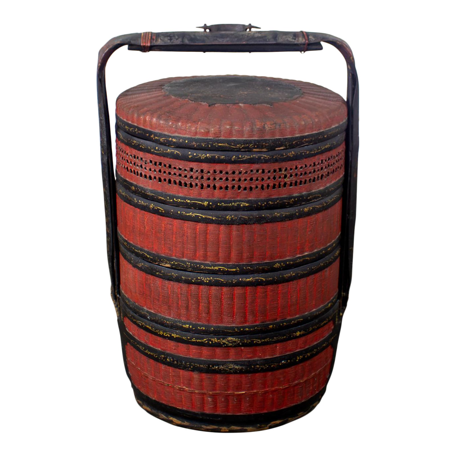 19th Century Antique Asian Red & Black Lacquer 4 Tier Woven Grass