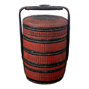 19th Century Antique Asian Red & Black Lacquer 4 Tier Woven Grass Stackable Chinese Wedding Basket