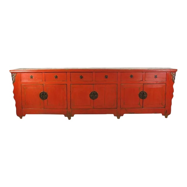 9 Feet Long Red Antique Chinese Buffet Sideboard Cabinet For Sale