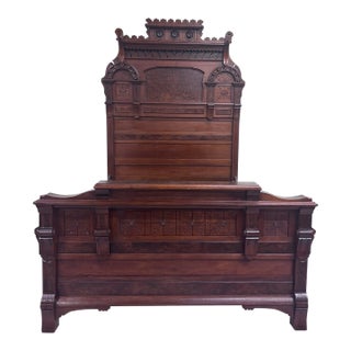 Antique Full Size C 1870-1890 Victorian Eastlake Monumental High Back Walnut Bed For Sale