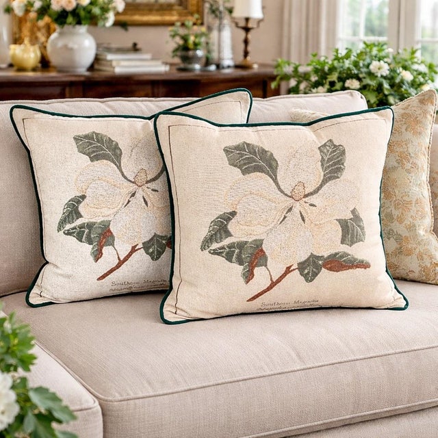 A classic pair of vintage decorative pillows by Riverdale, featuring a refined Southern magnolia botanical motif. Woven in...