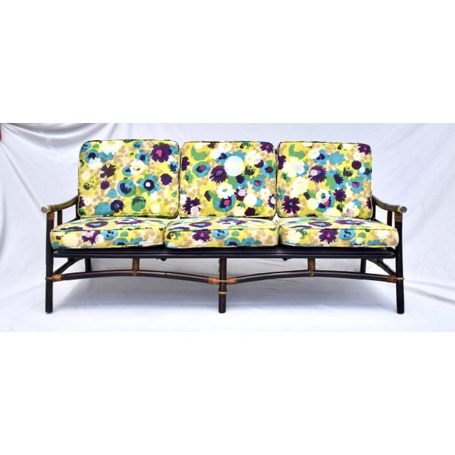1950's John Wisner Ficks Reed Far Horizons rattan sofa with new cushions in original vibrant Jack Lenor Larsen floral...