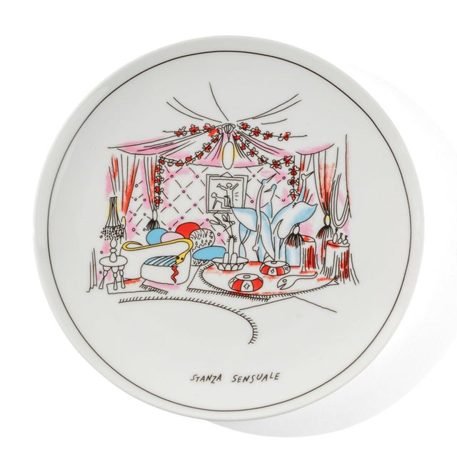 Each plate features a line drawing of an interior room, enhanced with bold blocks of color, and its title handwritten...