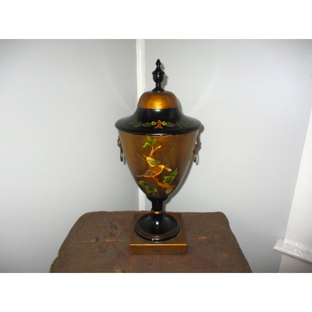 This is a Gorgeous! Vintage French Provincial Toleware Hand Painted Urn with Birds & Flowers with Lion Handles on the...