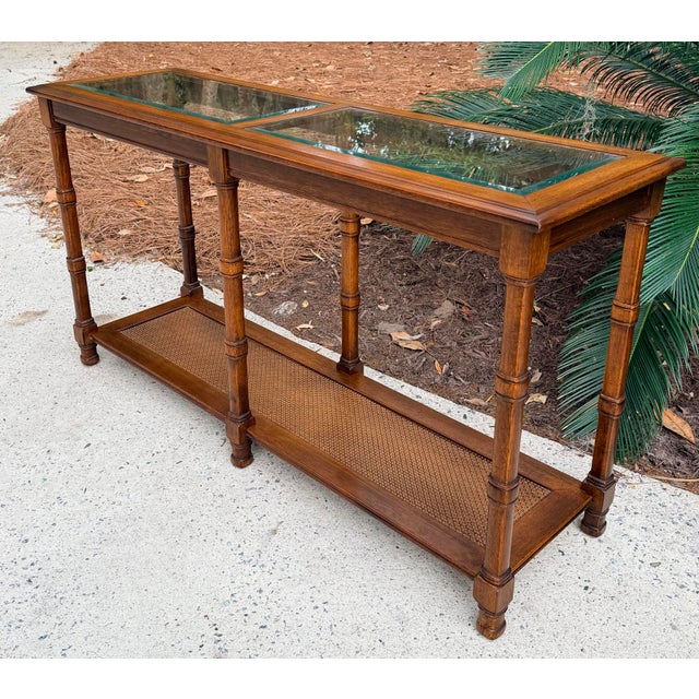 Mid-Century Modern 1970s Walnut Two Tier Glass Top Console Table With Faux Caning Shelf For Sale - Image 3 of 12