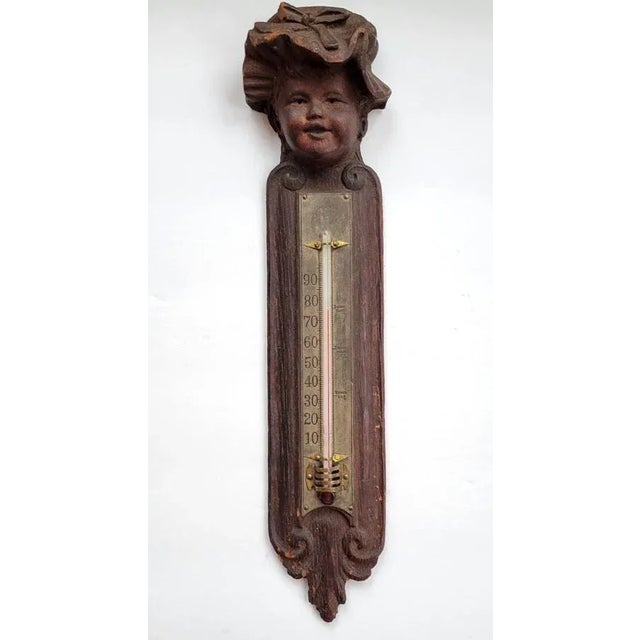 Brown Antique American Hand Carved Wood Figural Thermometer For Sale - Image 8 of 8