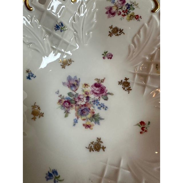 1970s Reichenbach Germany 11" Diameter Footed Floral Gold Trim Reticulated Dish For Sale - Image 17 of 18