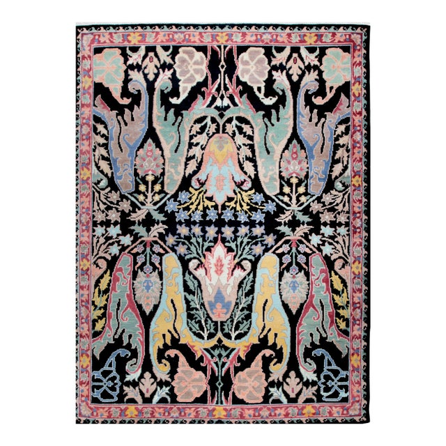 8x10 Black Hand-Knotted Wool Mythical Beasts Garden Traditional Carpet Rug For Sale