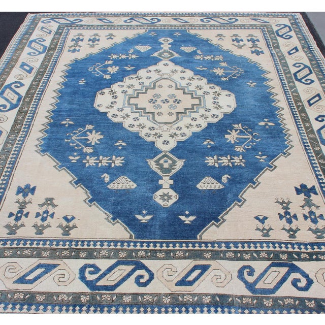 Royal Blue, White and Taupe Vintage Hand Knotted Turkish Rug