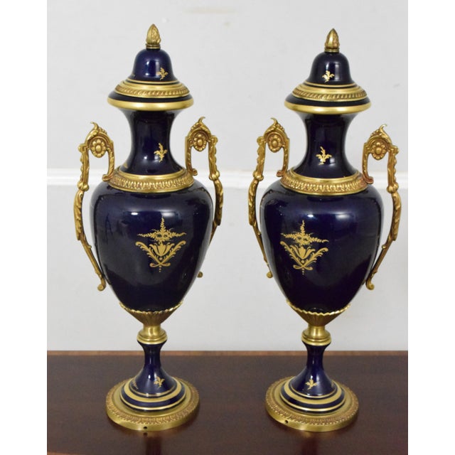 Bronze Pair Vintage Sevres Porcelain Bronze Mounted Urns For Sale - Image 8 of 12