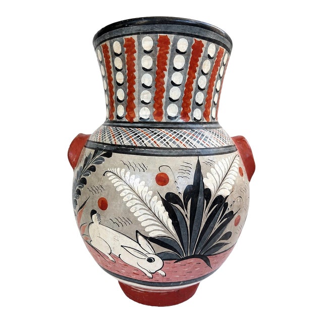 Vintage Mexican Folk Art Hand-Painted Pottery Vase With Rabbits & Handles For Sale