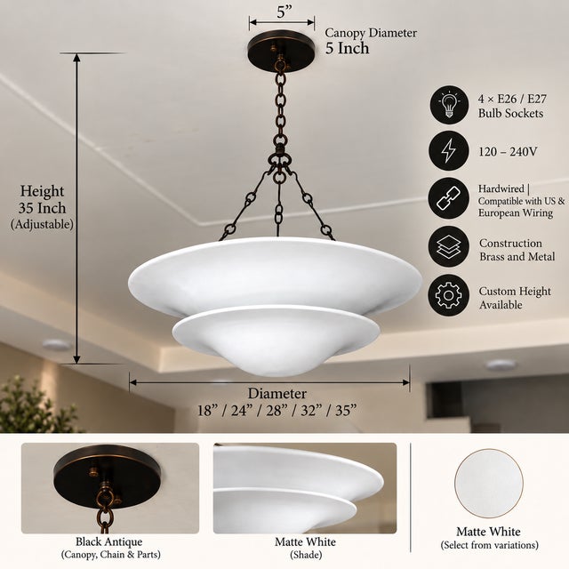 A tiered pendant light with a Matte White MS steel shade and Black Antique brass chain, canopy and hardware. The shade is...