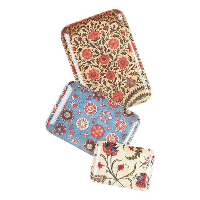 Kalamkari Flowers Tray, Assorted Set of 3 For Sale