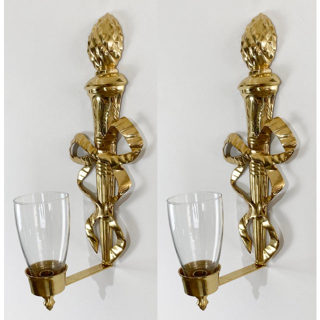 Large Vintage Brass Ribbon Torch Wall Candle Sconces, a Pair For Sale - Image 4 of 7