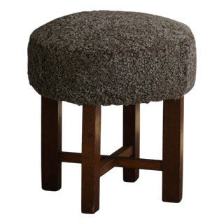 Danish Modern Oak Ottoman with Shearling Lambswool Upholstery, 1960s For Sale