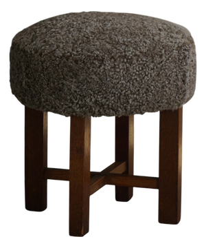 Danish Modern Oak Ottoman with Shearling Lambswool Upholstery, 1960s