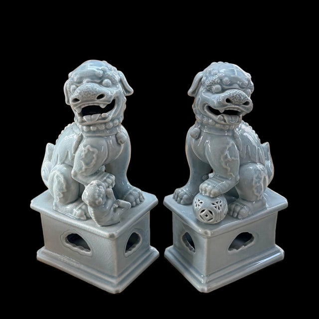 Pair of Ceramic Celadon Glaze Foo Dogs For Sale - Image 4 of 12