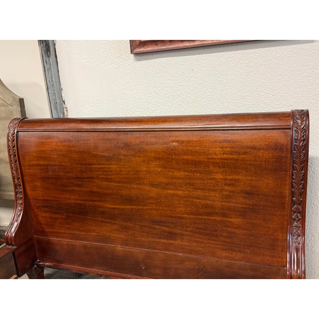 Late 20th Century Queen Size Empire Revival Style Carved Mahogany Sleigh Bed Frame For Sale - Image 5 of 12