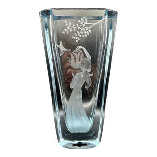 Vintage Strömbergshyttan B1046 Swedish Mid-Century Ice Blue Engraved Crystal Vase For Sale