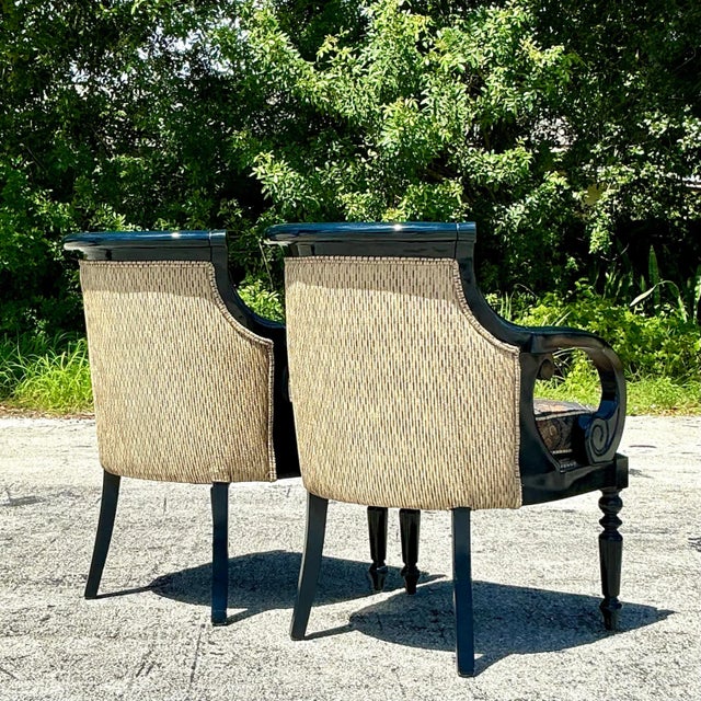 Vintage Regency Navy Lacquered Paisley Lounge Chairs - a Pair For Sale In West Palm - Image 6 of 6