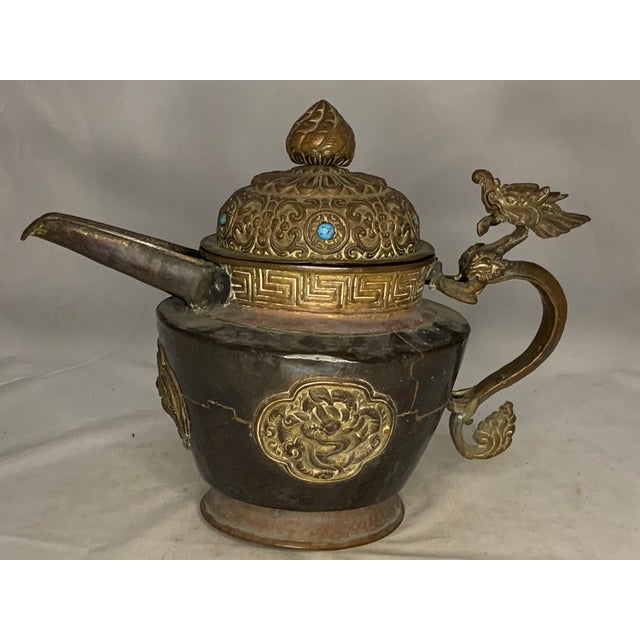 Antique Chinese Tibetan Dragon Teapot: Mixed Metals, Turquoise Jewels For Sale - Image 6 of 10